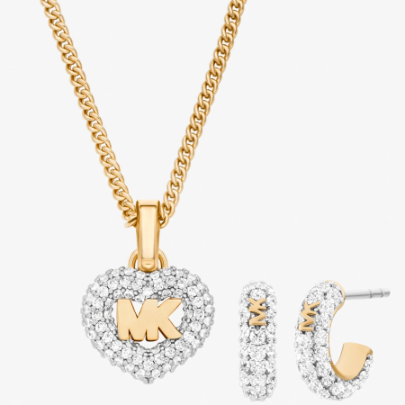 Michael Kors Pavé Heart and Logo Necklace and Hoop Earrings Jewelry Gift Set - Preorder — Gold