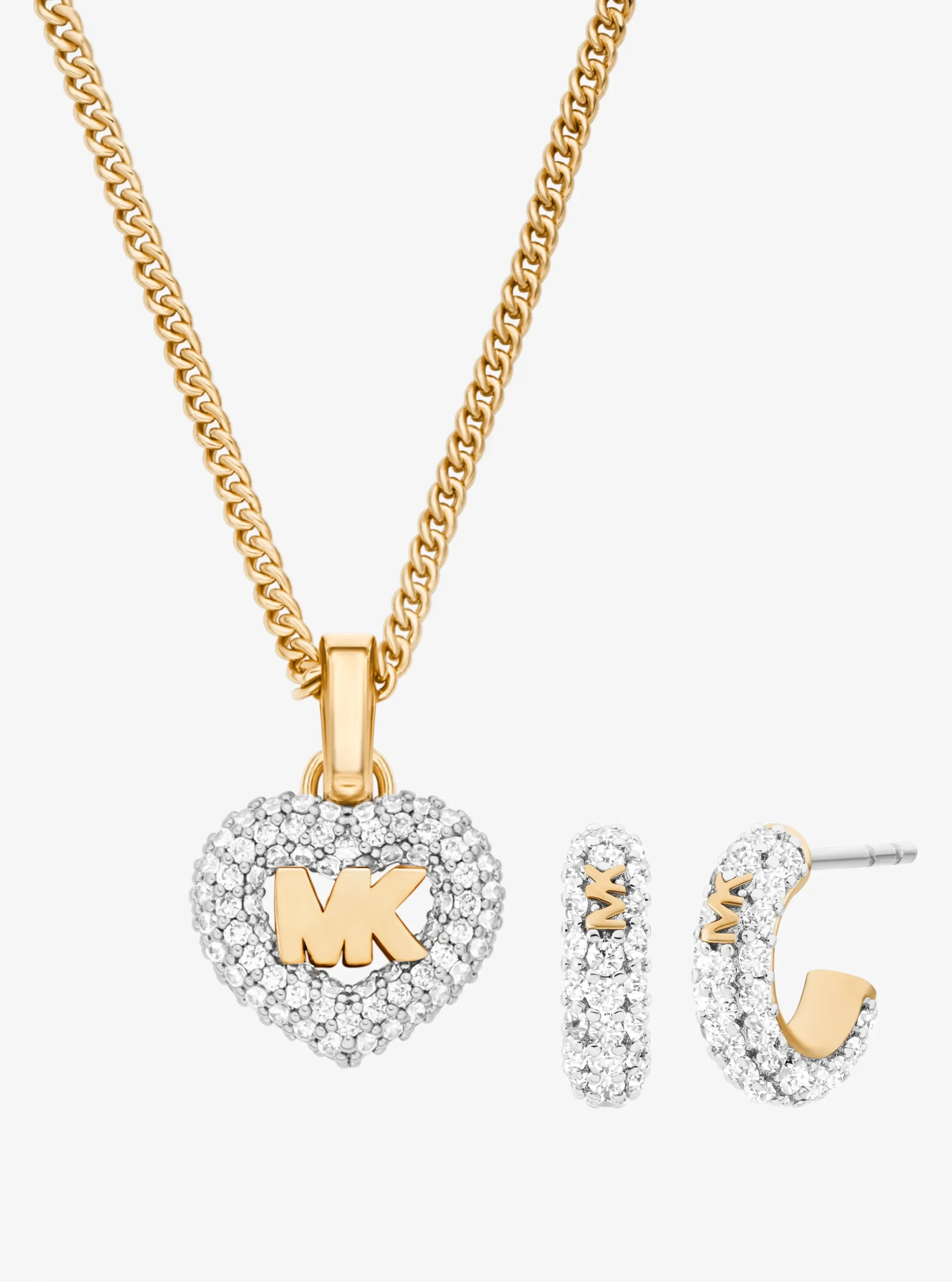Michael Kors Pavé Heart and Logo Necklace and Hoop Earrings Jewelry Gift Set - Preorder