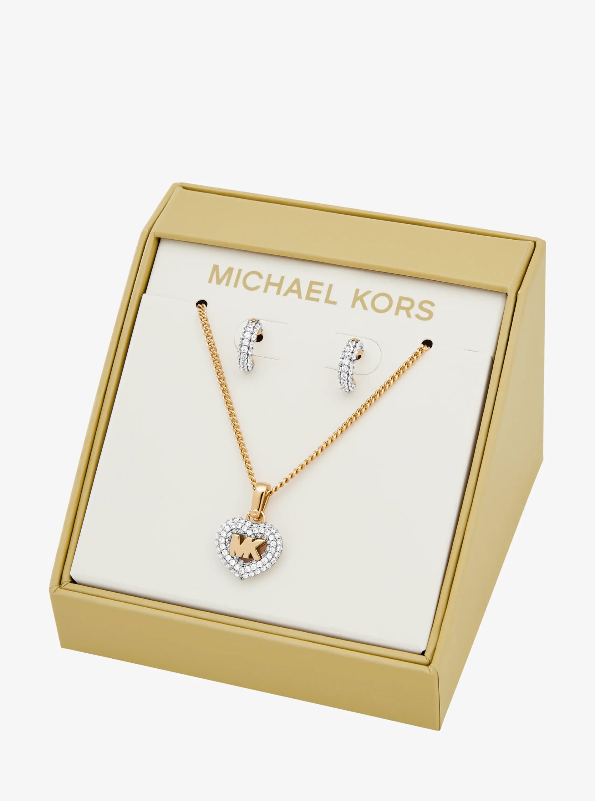 Michael Kors Pavé Heart and Logo Necklace and Hoop Earrings Jewelry Gift Set - Preorder