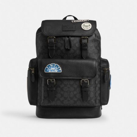 Coach Outlet Sprint Backpack In Signature Canvas With Patches - Preorder — Gunmetal/Charcoal Multi