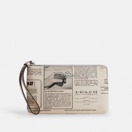 Coach Outlet Large Corner Zip Wristlet With Newspaper Print - Preorder — Silver/Chalk Multi