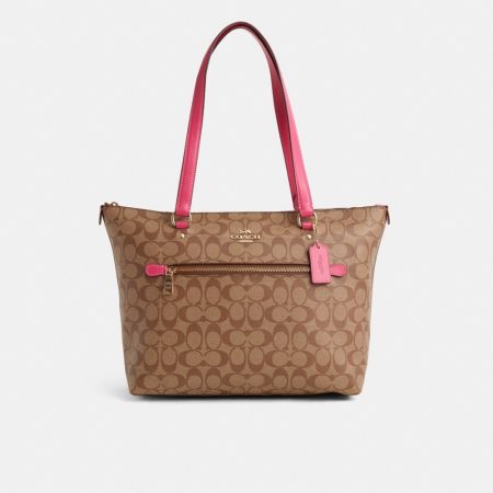 Coach Outlet Restored Gallery Tote Bag In Signature Canvas - Preorder — Brass/Khaki/Fuchsia