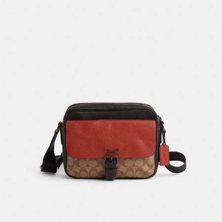 Coach Outlet Restored Hudson Crossbody Bag In Colorblock Signature Canvas - Preorder — Gunmetal/Khaki Terracotta Multi