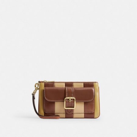 Coach Outlet Ashton Wristlet With Striped Patchwork - Preorder — Brass/Redwood Multi