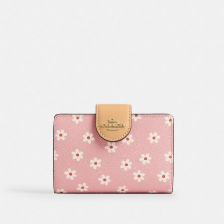 Coach Outlet Medium Corner Zip Wallet With Floral Print - Preorder — Brass/Pink Multi