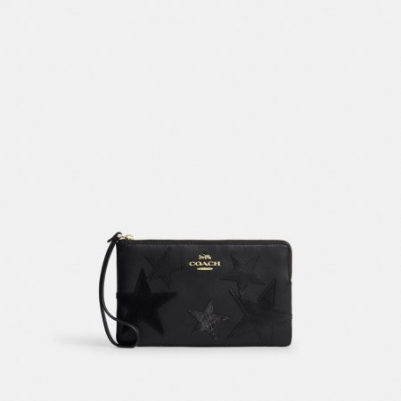Coach Outlet Large Corner Zip Wristlet With Star Patchwork - Preorder — Brass/Black Multi