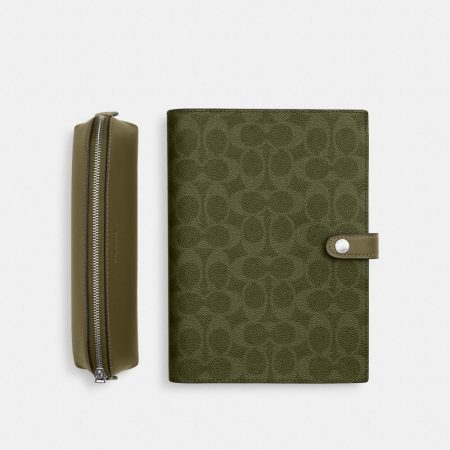 Coach Outlet Boxed Notebook And Pencil Case Set In Signature Canvas - Preorder — Silver/Olive