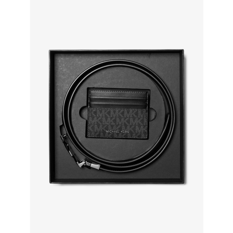 Michael Kors 39F6LHDY3L Leather Signature Logo Card Case Belt Gift Set Black 2026